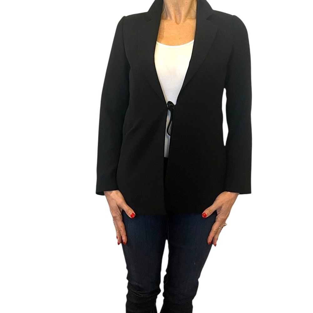 Women's Lafayette 148 New York Blazer Lapel Jacket Black 3/4 Sleeve Tie Front 2